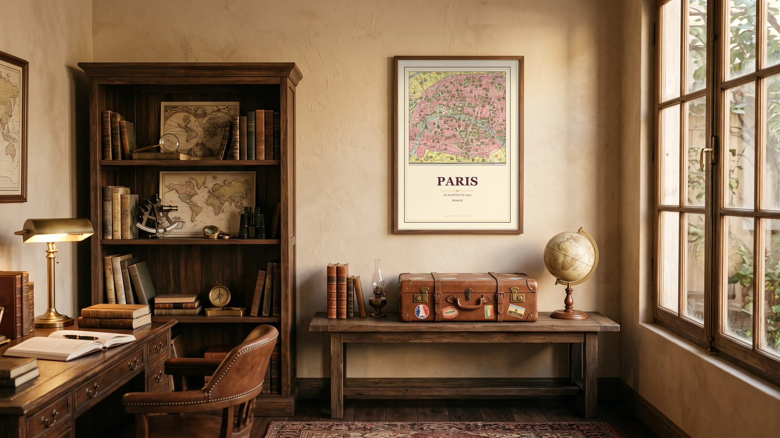 An antique city plan framed on a wall