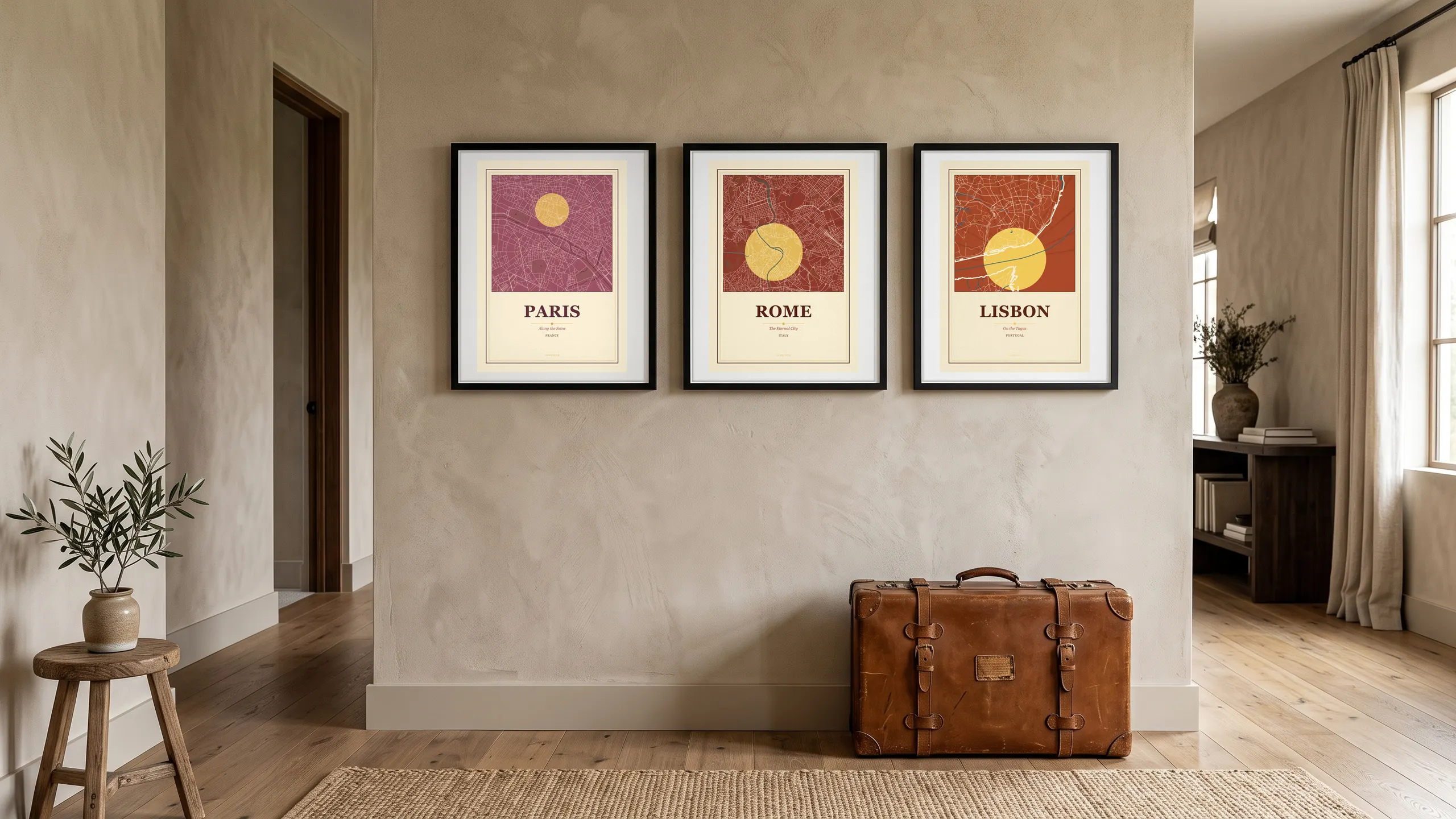 Framed city prints on a hallway wall