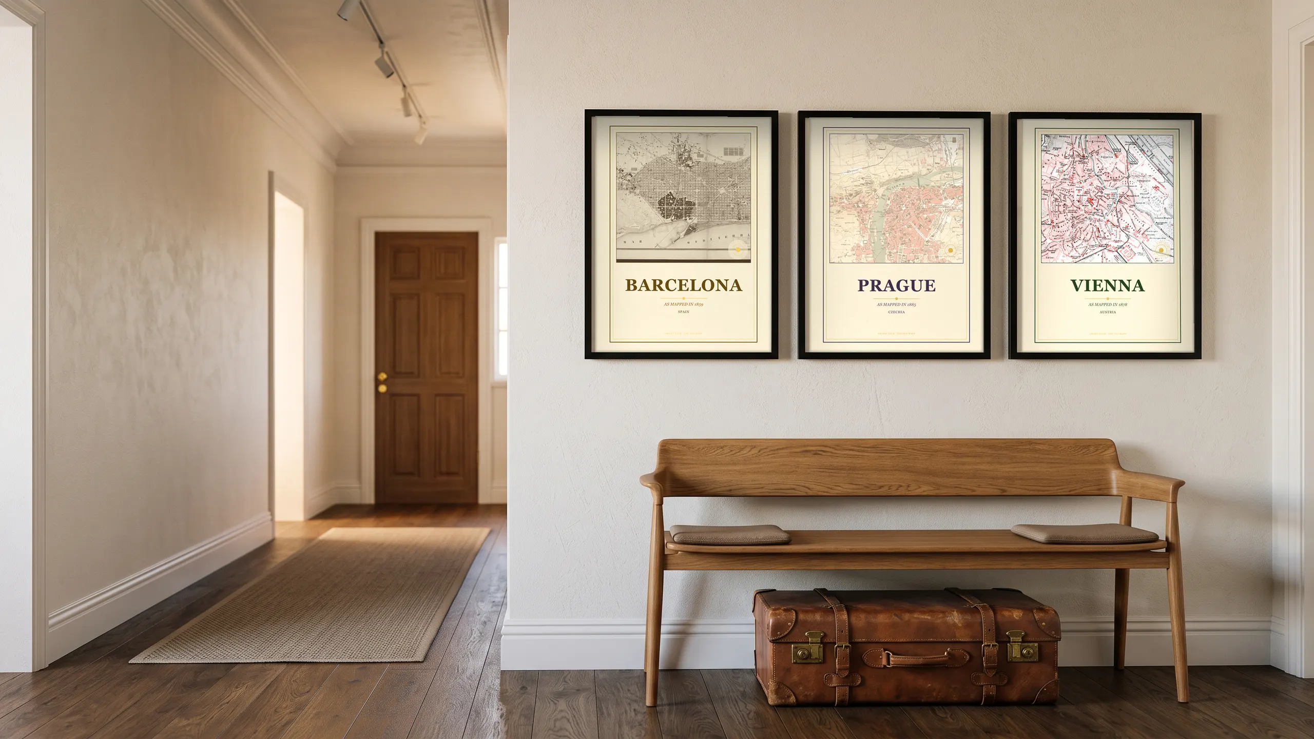 Lisbon, Porto and Amalfi Coast prints framed in a hallway